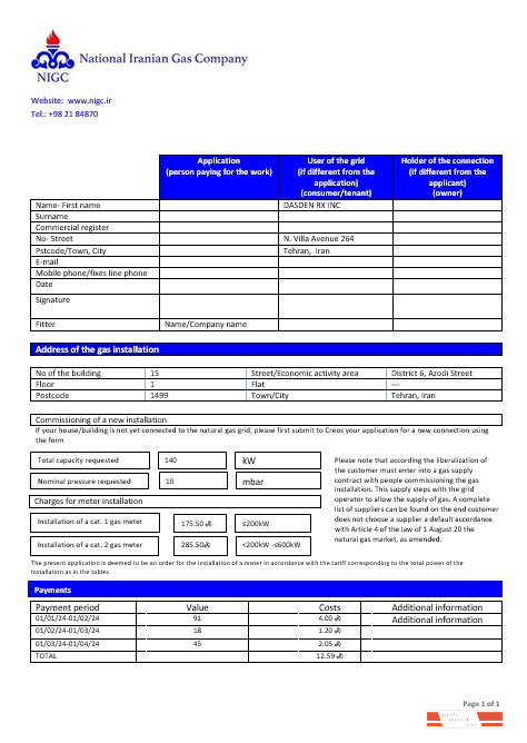 Iran National Iranian Gas Company gas business utility bill template in Word and PDF format